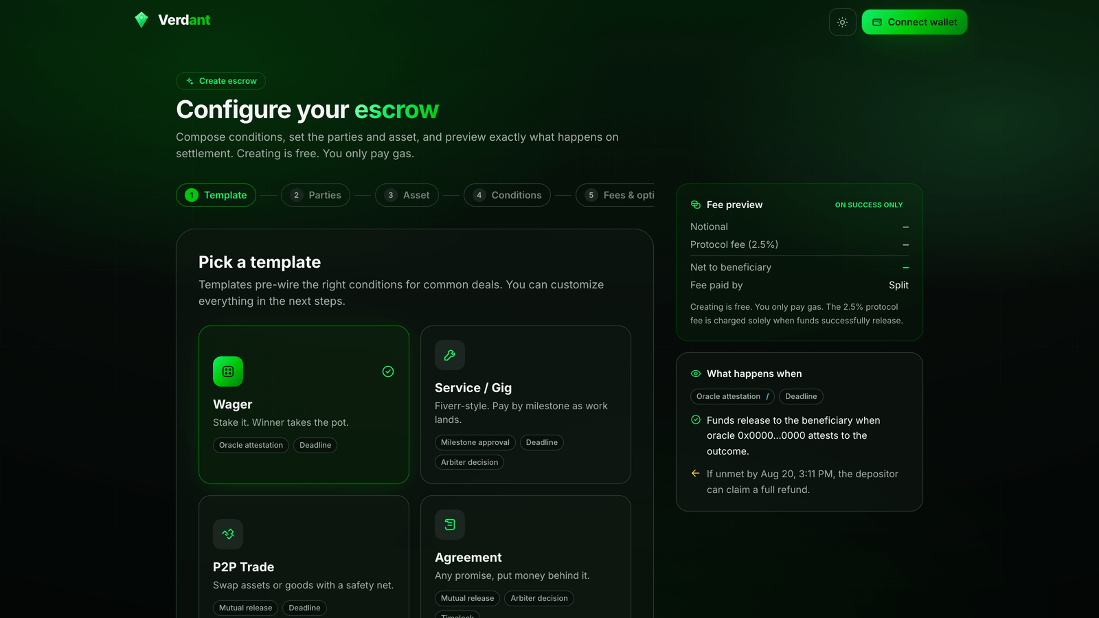 The Verdant create-escrow wizard: pick a template, compose conditions, and preview the fee and settlement outcome before you fund.